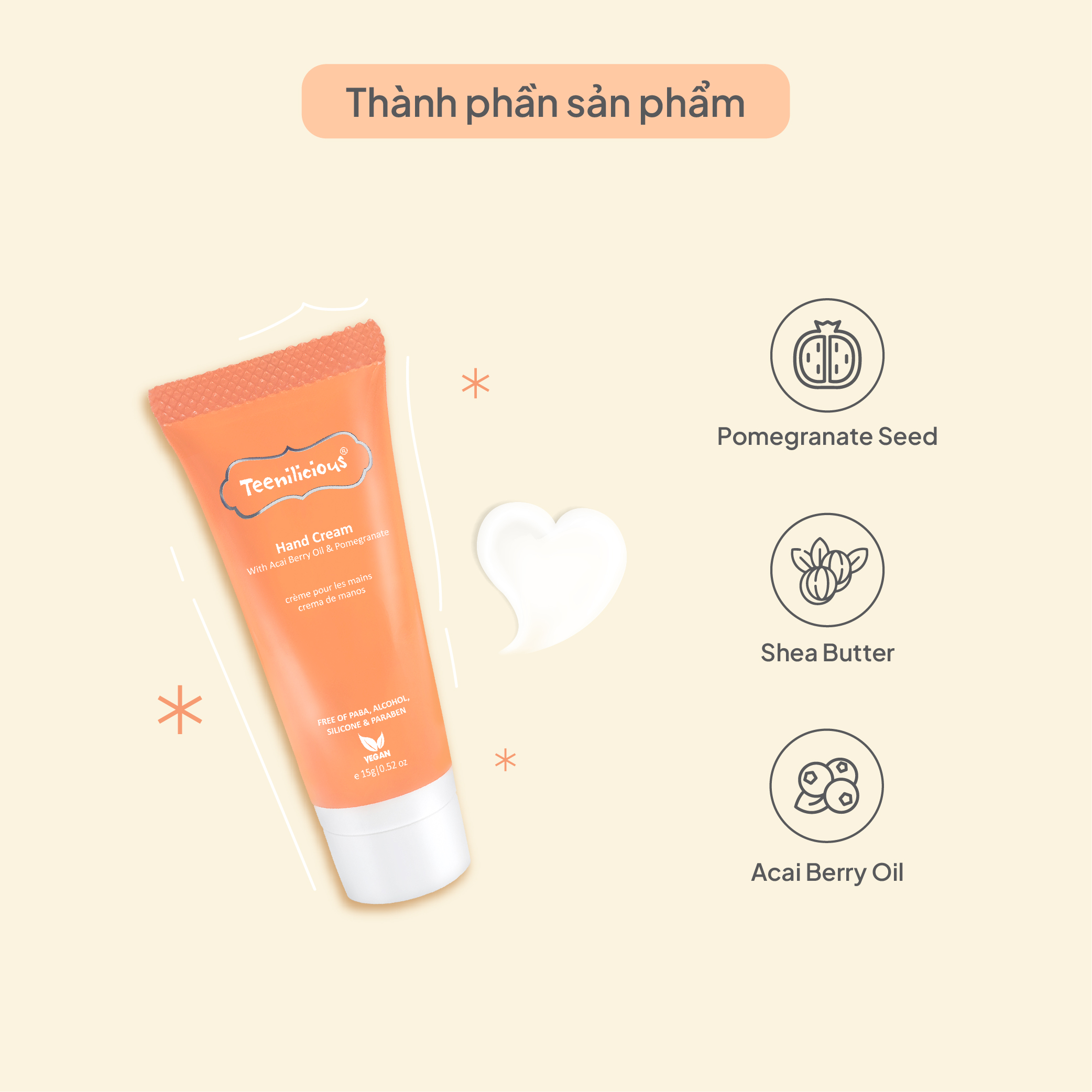 [Mini Size] Kem Dưỡng Da Tay Chiết Xuất Acai Và Lựu Teenilicious Hand Cream With Acai Berry Oil &amp; Pomegranate 15g - Nuôi Dưỡng Và Giữ Ẩm, Dành Cho Da Nhạy Cảm
