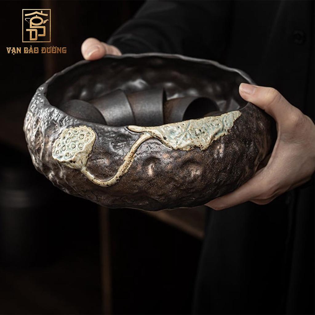 Kháo trà, dầm trà gốm khoáng đá đắp nổi hoa sen trang nhã Vạn Bảo Đường - VBD028