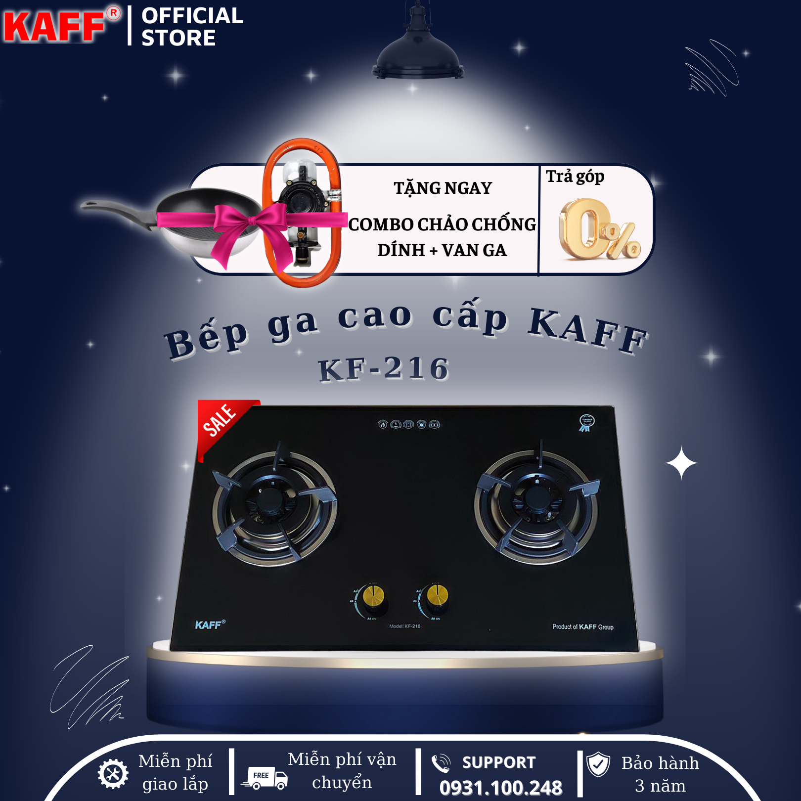 Bộ Bếp ga âm KAFF KF- 216 bao gồm: Bếp ga + chảo chống dính cao cấp + bộ van ga - Hàng chính hãng