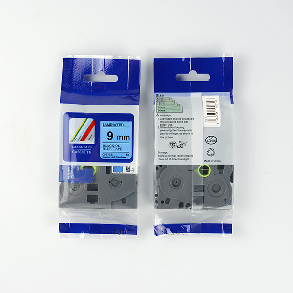Tape nhãn in tương thích CPT-521 dùng cho máy in nhãn Brother P-Touch (chữ đen nền xanh dương, 9mm)