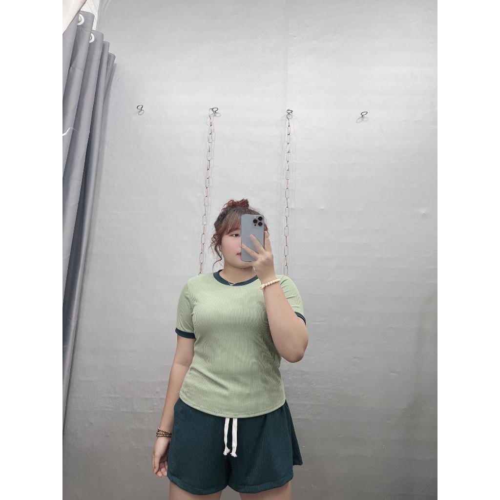 Set bộ bigsize nữ 2 món gồm áo thun cổ tròn viền kết hợp quần đùi thun cột dây hàng thiết kế chất liệu gân- SET11