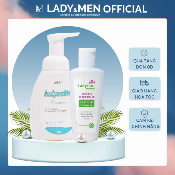 Bọt rửa phụ khoa Ladysofts Premium Laclé 250ml và dung dịch vệ sinh phụ nữ thảo mộc Ladycare 100ml dạng gel - Bộ 2 chai