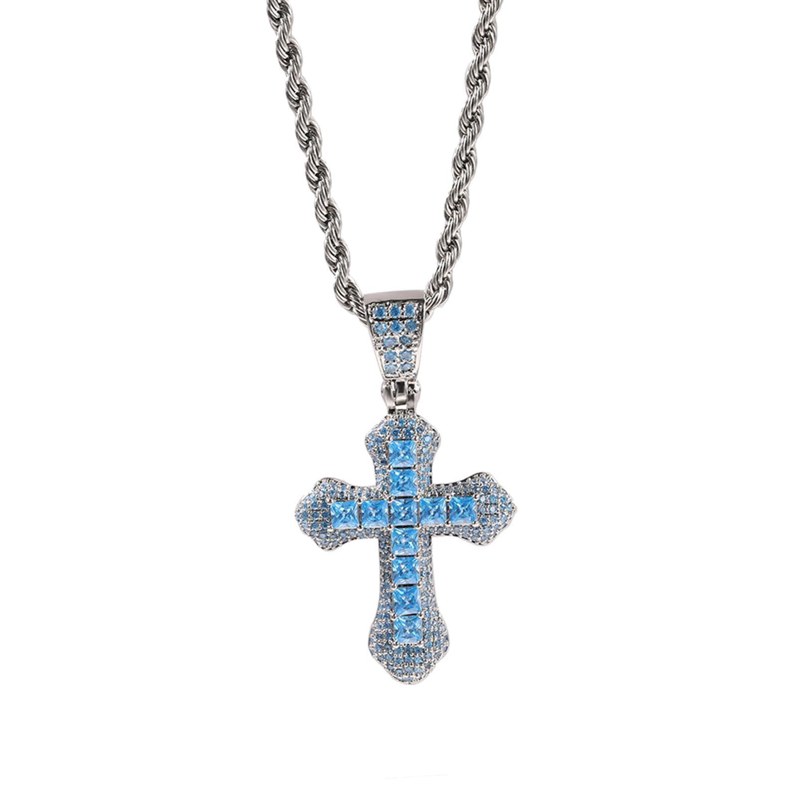 Zircon Cross Pendant Necklace Dangling cross Valentines Party Blue