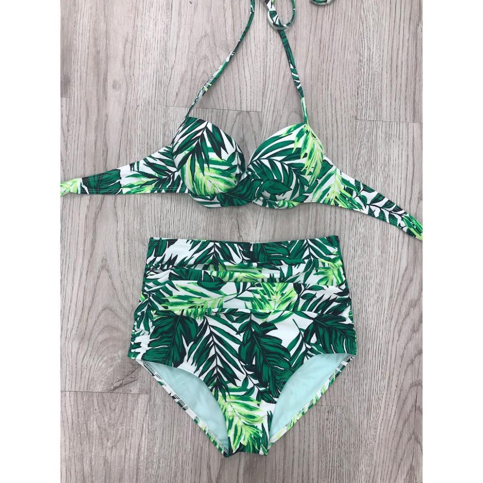 Bikini hai mảnh bộ bơi quần đùi họa tiết lá xanh có gọng chất thun lạnh mặc đi biển đi bơi