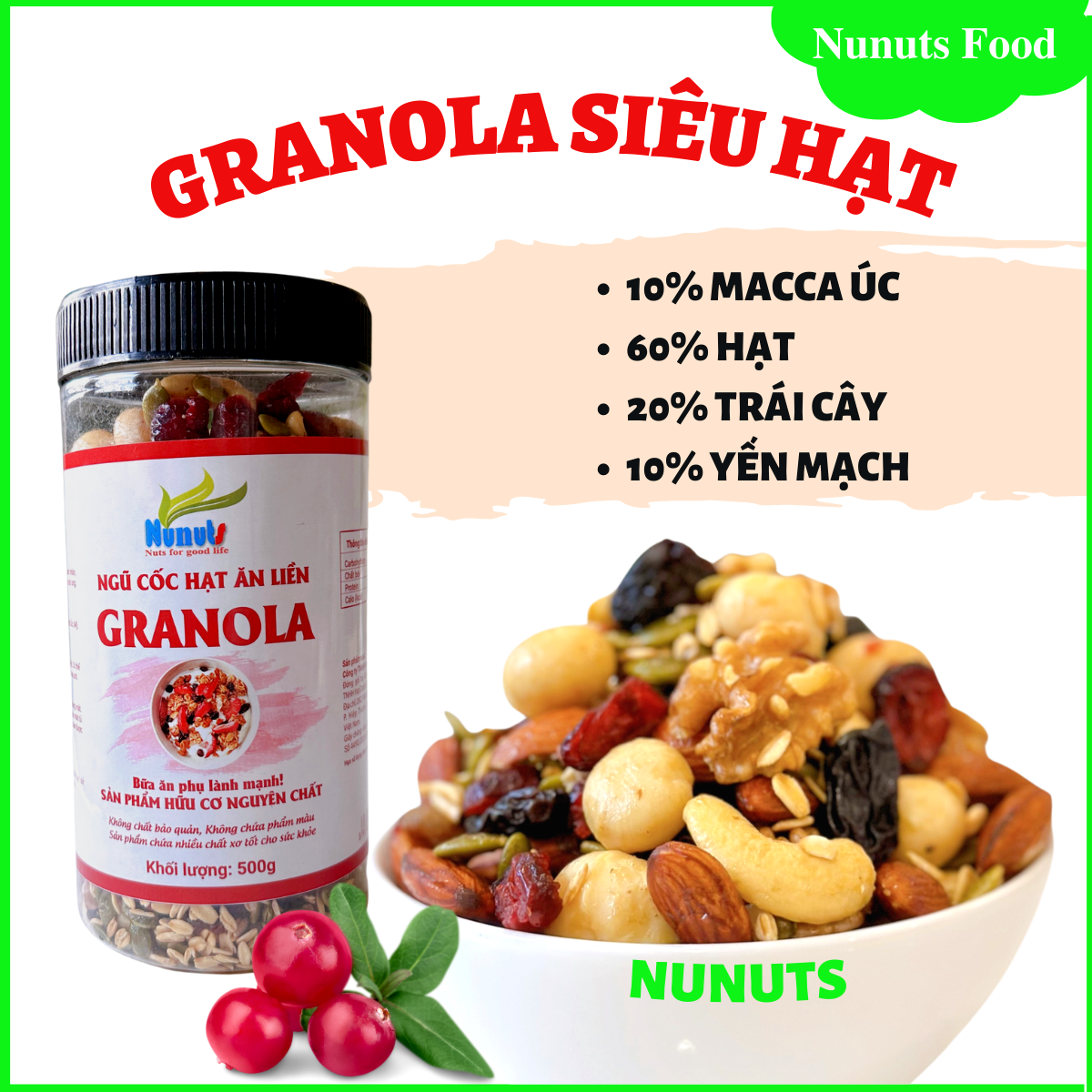 Granola siêu hạt macca úc Nunuts với 10% yến mạch là ngũ cốc ăn liền dành cho bà bầu, người muốn tăng giảm cân nặng