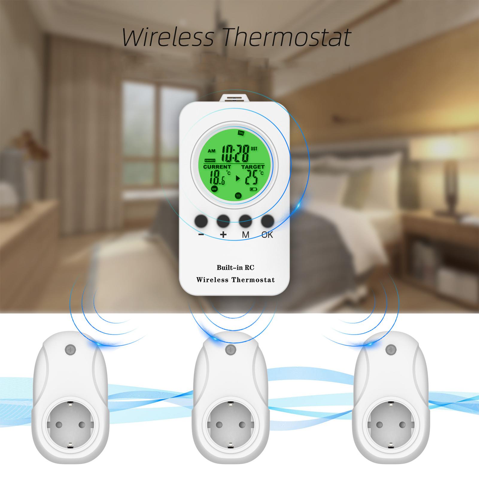 230V 16A Wireless Thermostat Remote Thermostat Control Plug-in Socket 0~70℃ Temperature Range Wireless Timing Temperature Control Socket Digital Display with Green Backlight