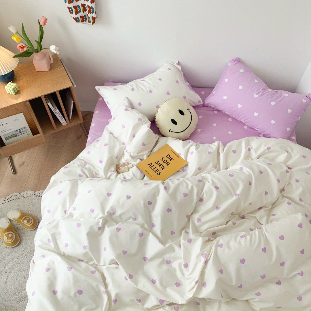 Bộ chăn ga gối 2 mặt cotton LIDACO PL1 - Tim tím trắng SP001451