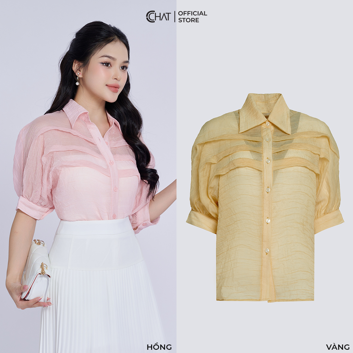 Áo Sơ Mi Nữ Kiểu Xếp Ly Ngực Dáng Suông Chất Voan Cao Cấp 93FNV2001ST