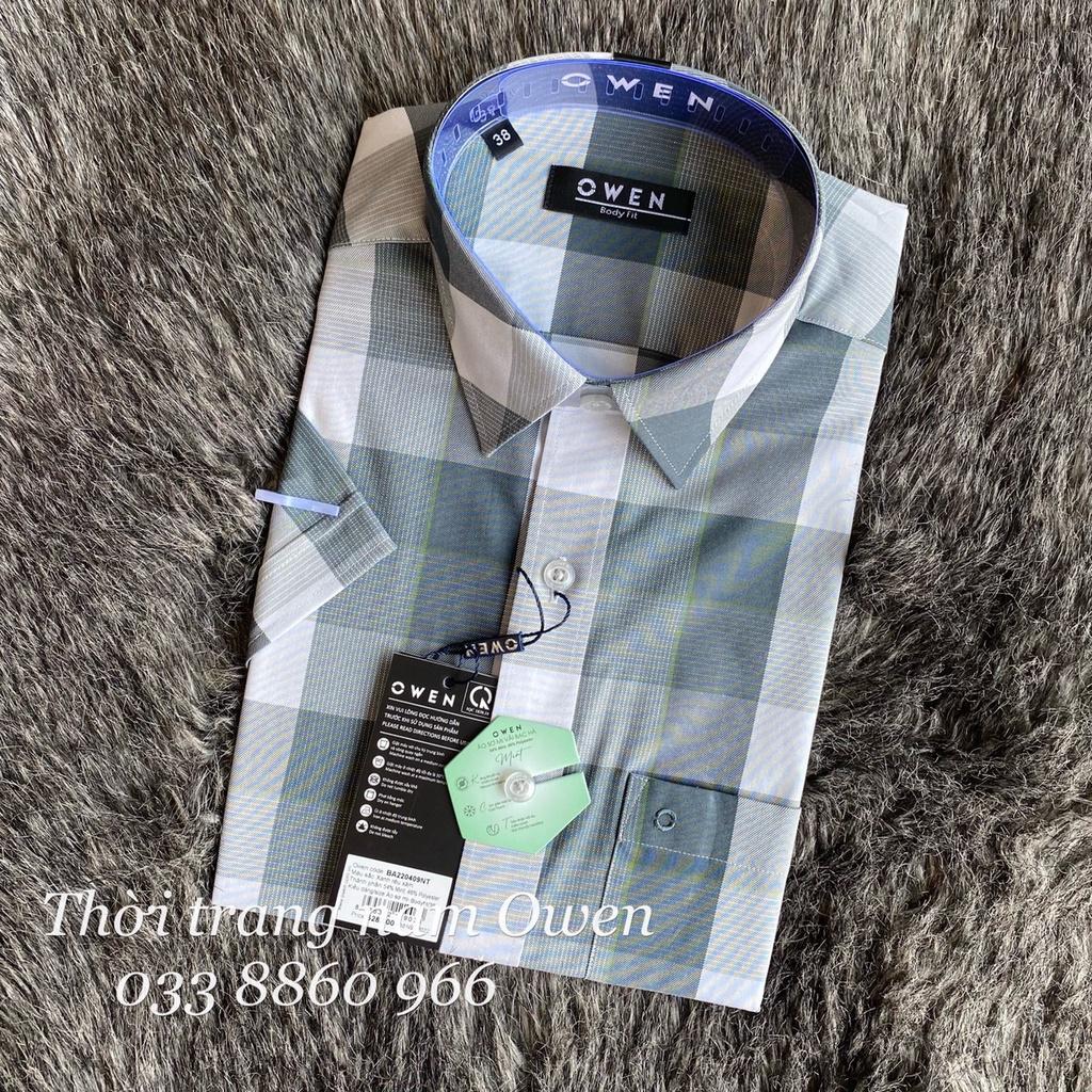 OWEN - Áo Sơ mi ngắn tay Owen vạt ngang chất sợi bạc hà kẻ ca rô xanh 220409