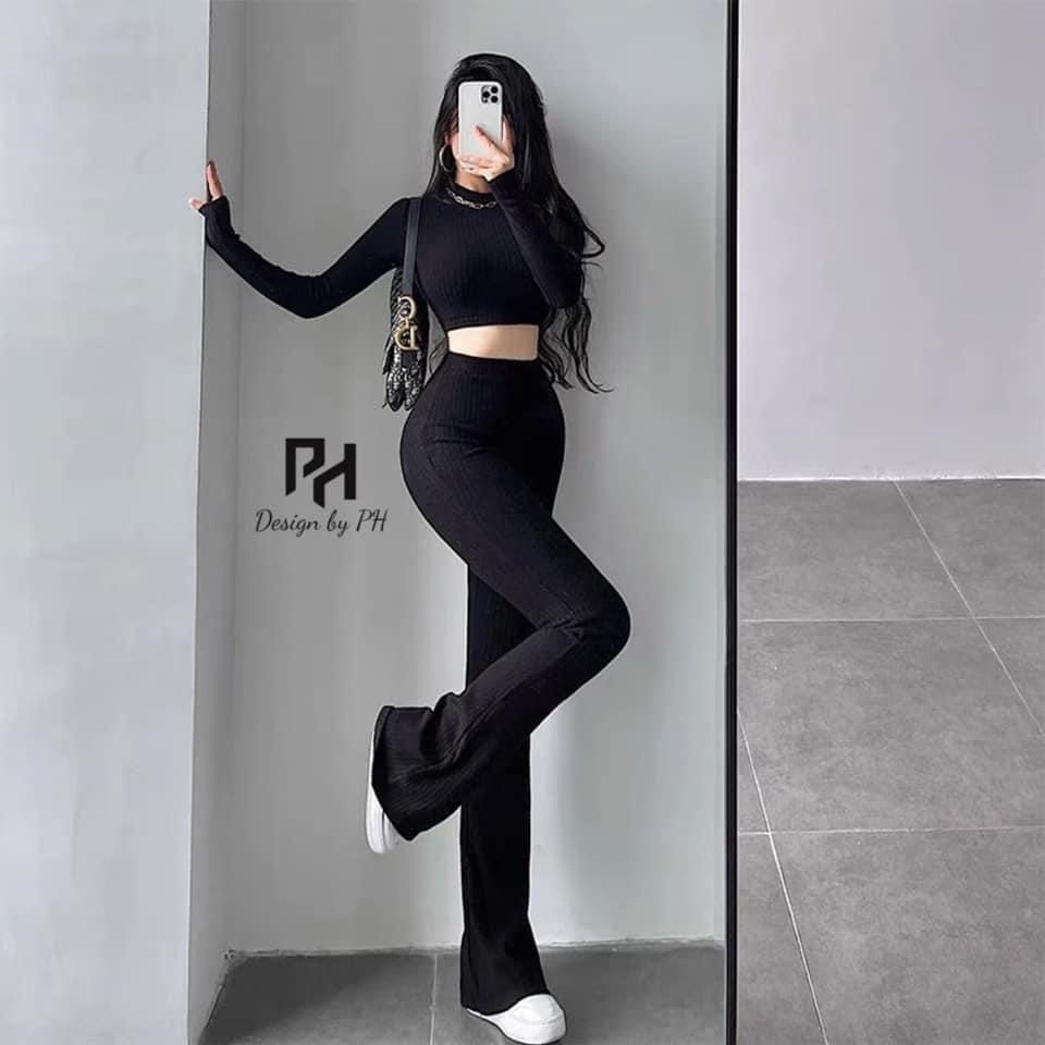 Set Bộ Quần Dài Ống Loe Kèm Áo Croptop Tay Dài Chất Thun Gân Chính Phẩm Thích Hợp Mặc Đi Tiệc Đi Làm Đi Chơi