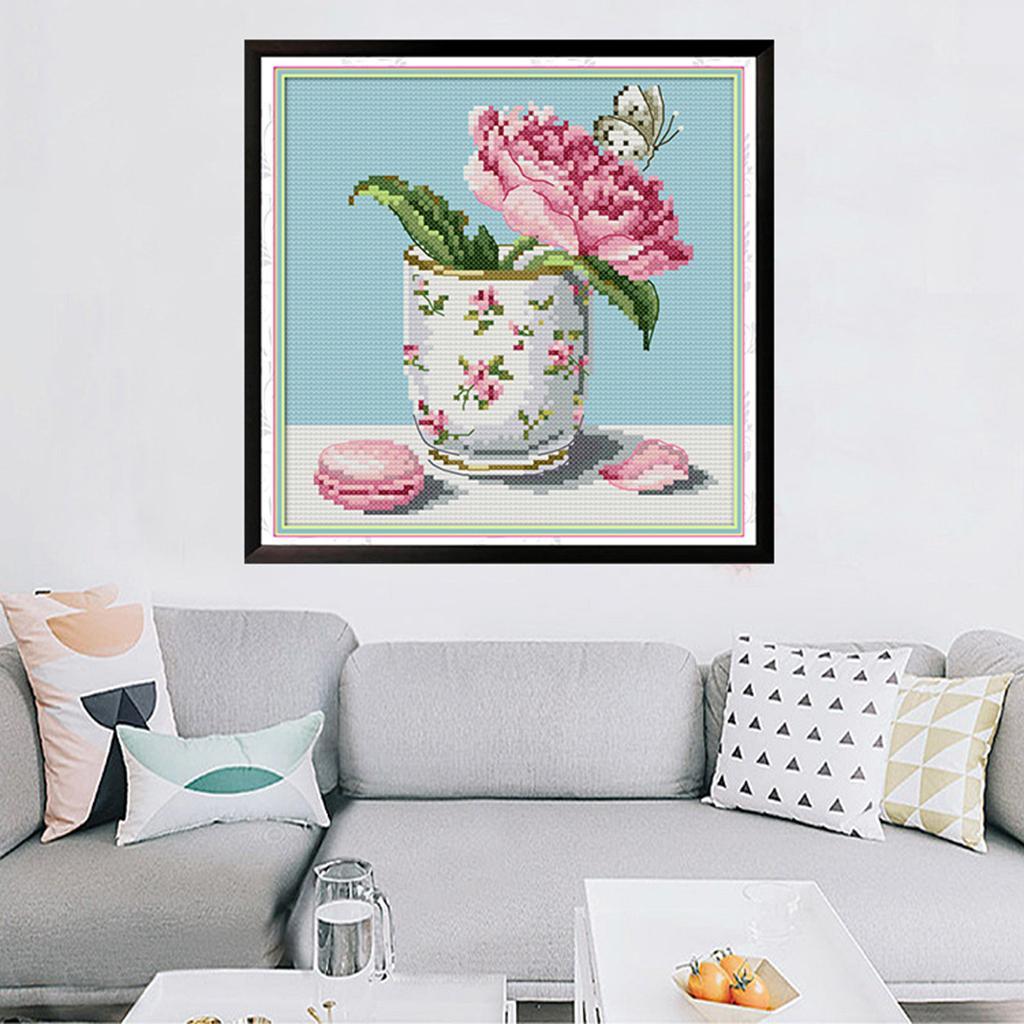 14CT Flower Stamped Cross Stitch Kit Handmade Crafts for Home Decor 8x8''