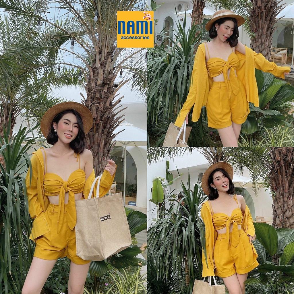 Combo 3 Món Set Áo Sơ Mi Form Rộng Kèm Bra Croptop Nơ Ngực Và Quần Short Gợi Cảm Xinh Xắn - ATNU019