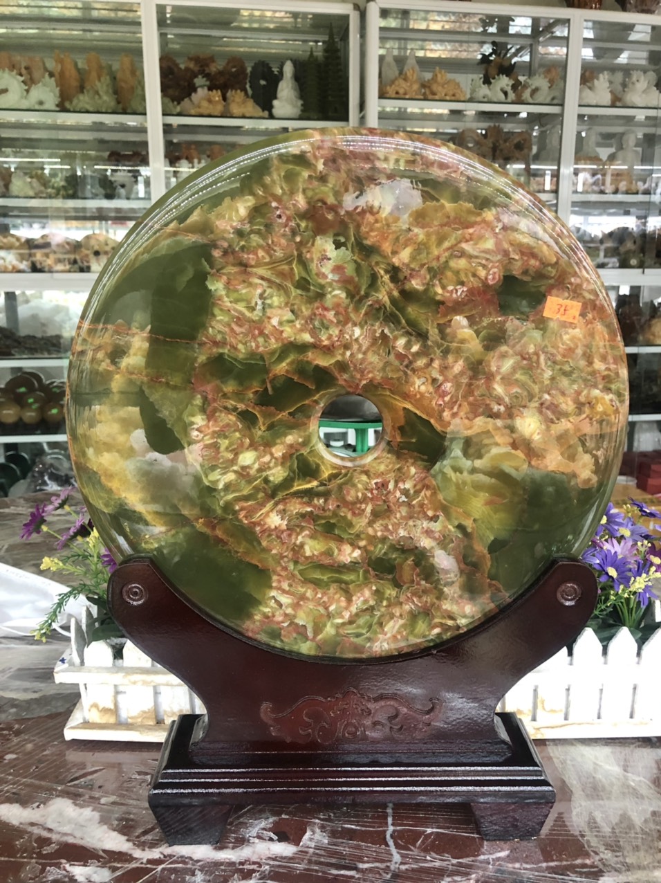 Đồng điếu phong thủy đá ngọc Onyx xanh đậm - Đường kính 35 cm