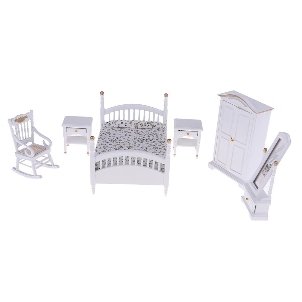 1/12 Dollhouse Miniature Furniture Bedroom Set Bed Wardrobe Cabinet Chair