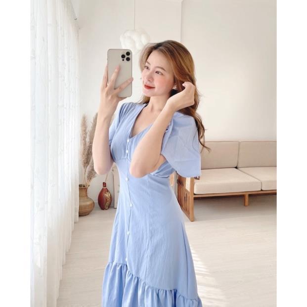 Đầm midi cổ V tay ngắn đuôi cá dài nút ngọc 5 màu