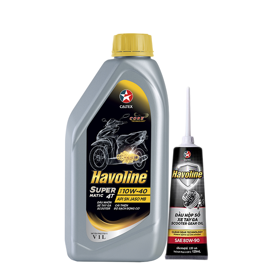 Bộ dầu nhớt xe tay ga Caltex Havoline SuperMatic 4T SAE 10W-40 1L kèm nhớt hộp số xe tay ga