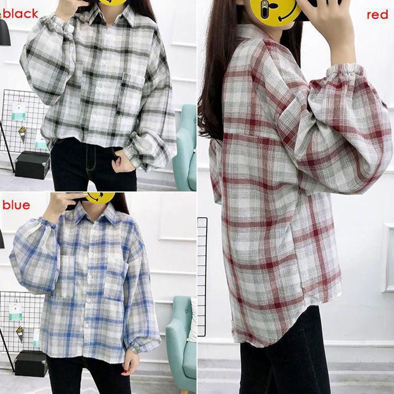 Áo sơ mi tay dài dáng rộng hoạ tiết sọc ca-rô phong cách retro