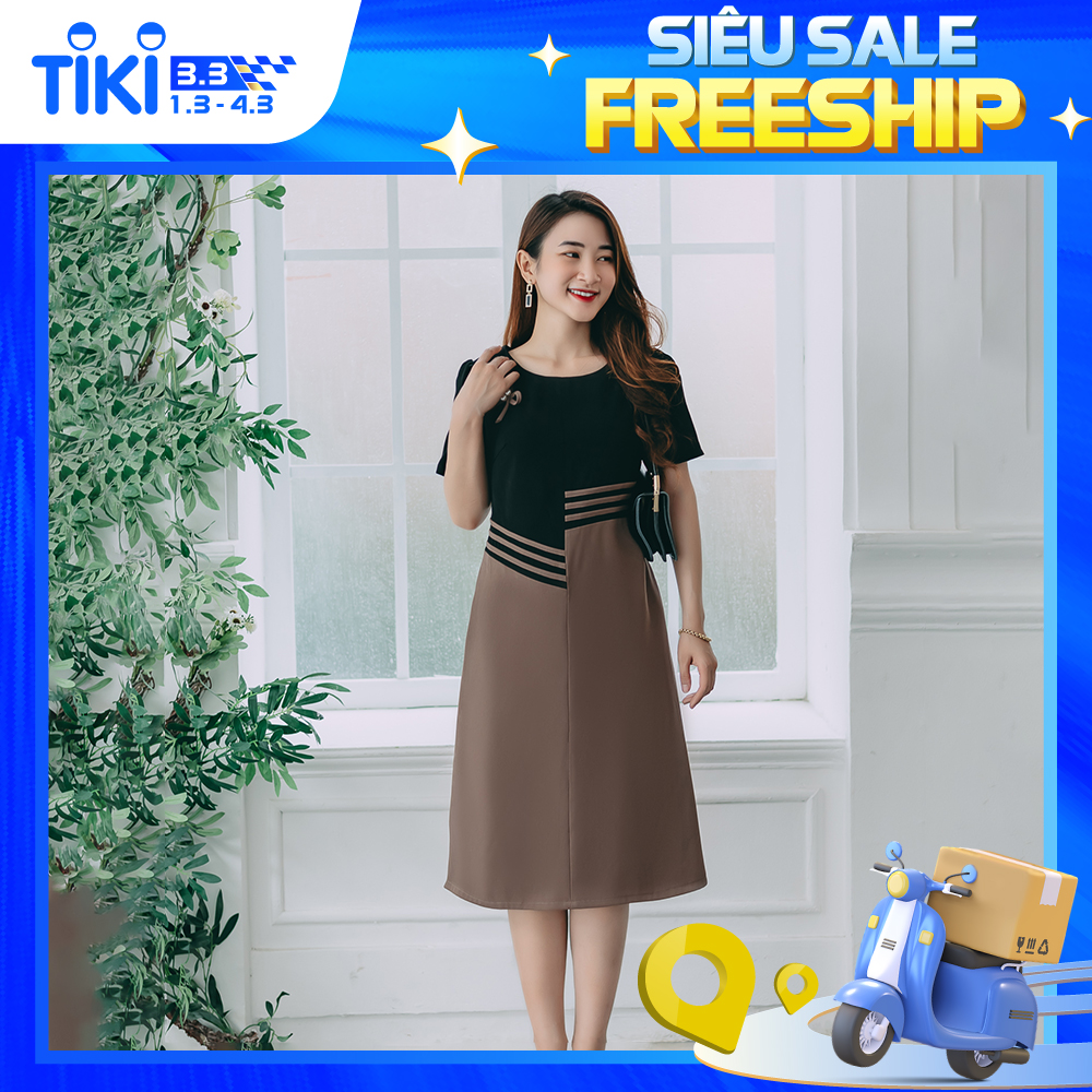 Đầm suông thiết kế trung niên cao cấp sang trọng Cổ tròn tay ngắn màu Nâu cà phê phối đen TTV STORE TTV1199