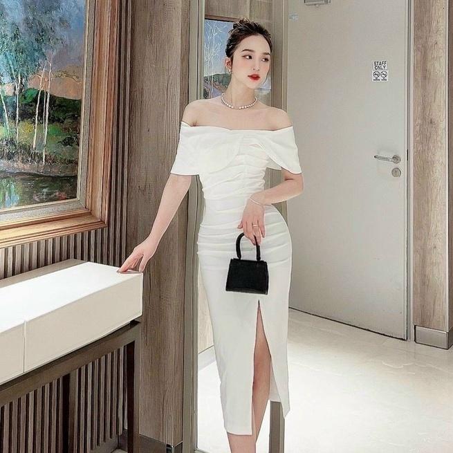 Đầm kiểu nữ trễ vai ôm body sẻ tà tay ngắn eo xếp ly có kèm mút thiết kế cho phái đẹp Kgia fashion