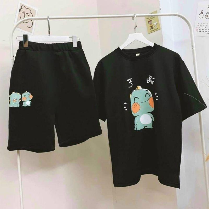 Set bộ đồ khủng long dễ thương,Đồ bộ thun tay lỡ +quần đũi mặc nhà unisex nam nữ,chất thun lạnh cực mát thời trang teen