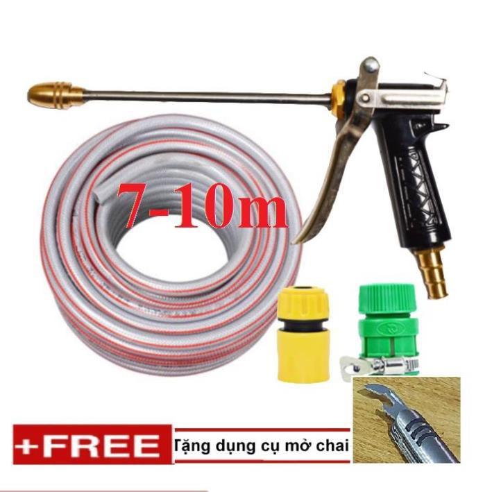 ️ Bộ dây vòi xịt nước rửa xe, tưới cây . tăng áp 3 lần, loại 7m, 10m 206318 đầu đồng,cút,+ tặng mở chai