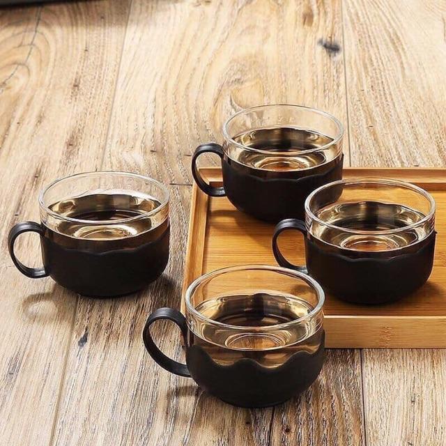 Bộ ấm pha trà cà phê thủy tinh kèm 4 cốc.