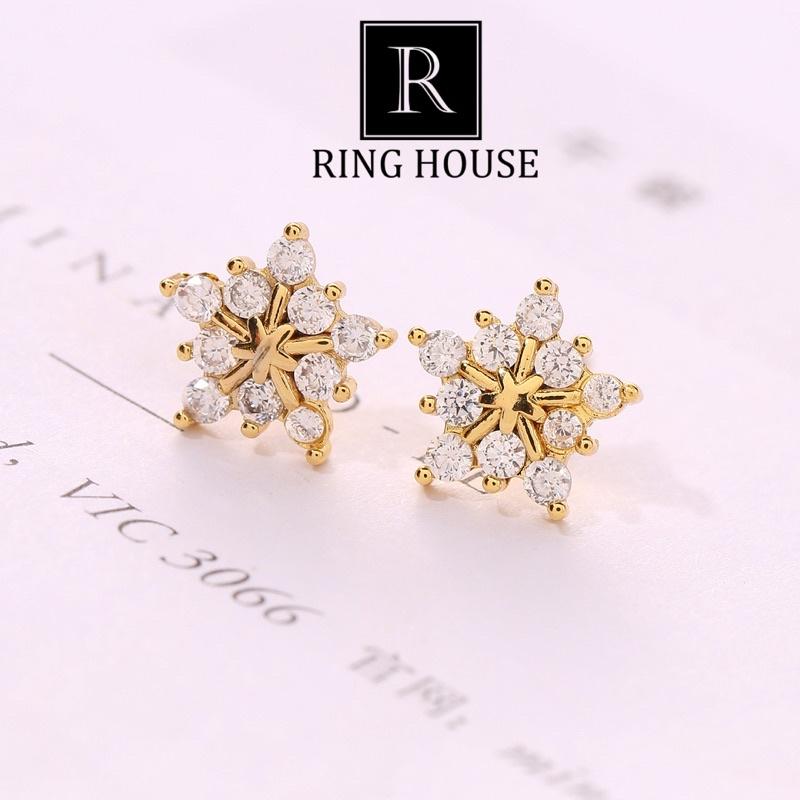 (Chuôi Bạc 925) Bông Tai Khuyên Tai Nữ Sao 5 Cánh Vàng Gold Đính Ngọc Xinh Đẹp Ring House