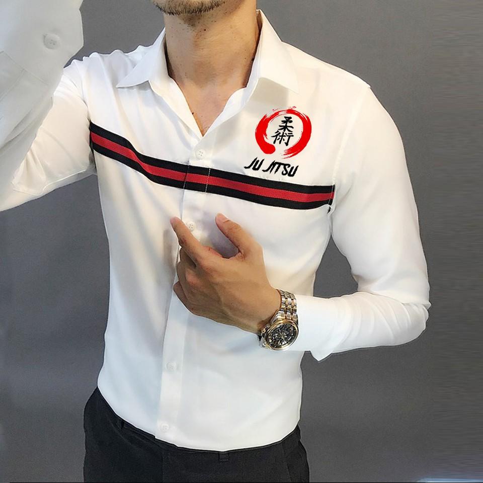 Áo Sơ Mi Nam Phối Viền Họa Tiết Thư Pháp Nhật