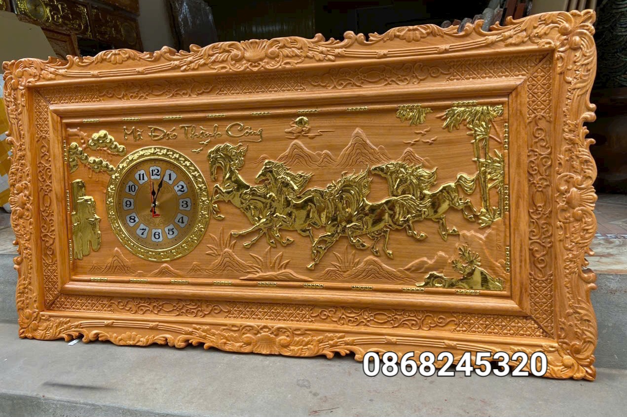 Tranh mã đáo thành công bằng  gỗ gõ kt 67×127×4cm