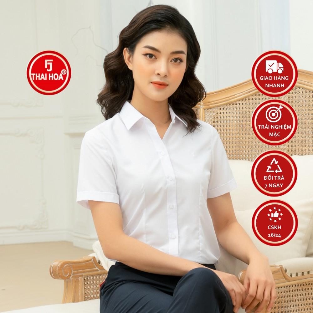 Áo sơ mi nữ Thái Hòa vải cotton thoáng mát màu trắng N047-01-01
