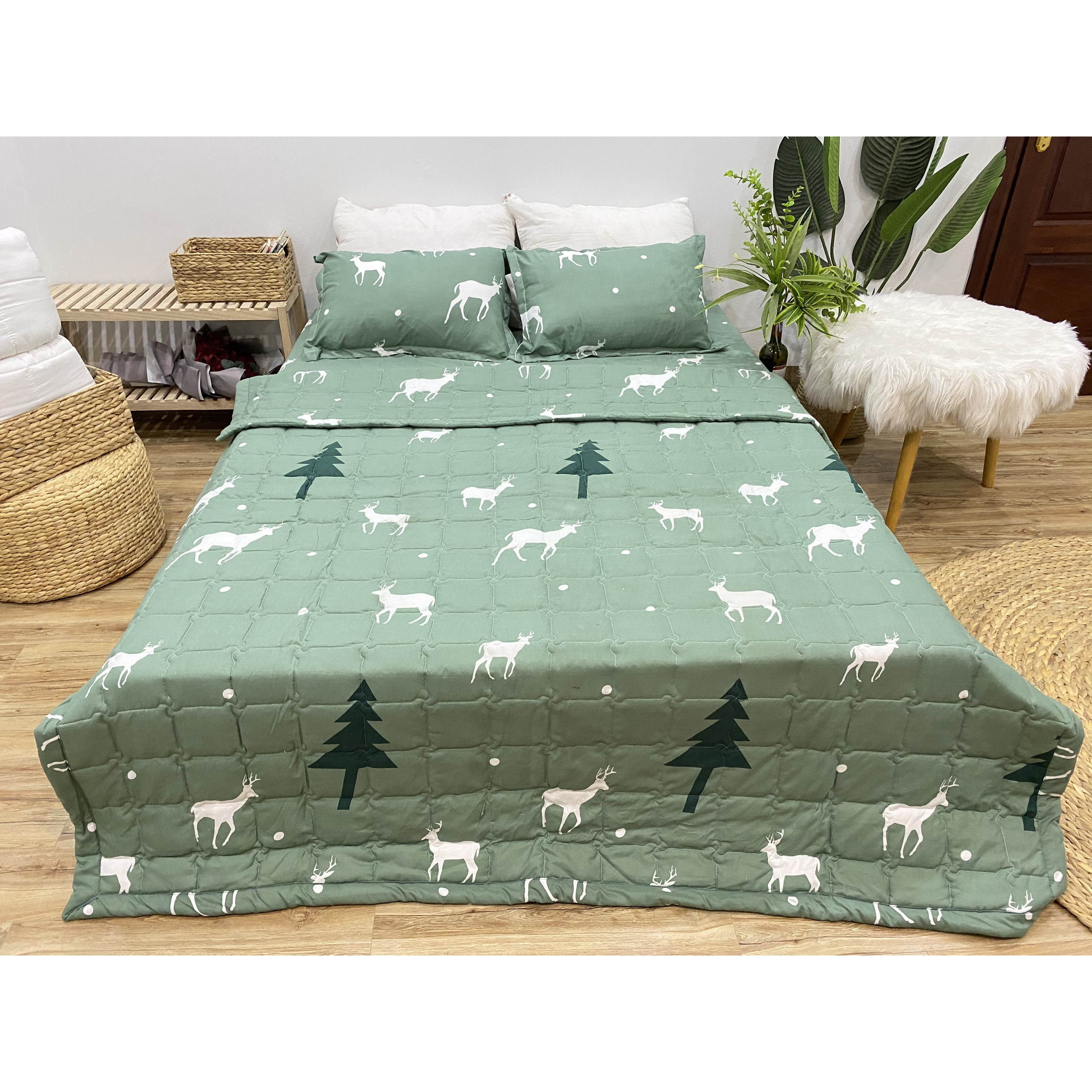 Bộ Chăn Ga Gối Hè Thu 5 Món CHM14  Gồm 1 Chăn Hè, 1 ga bo chun,2 vỏ gối và 1 vỏ gối ôm – 1m4x2m