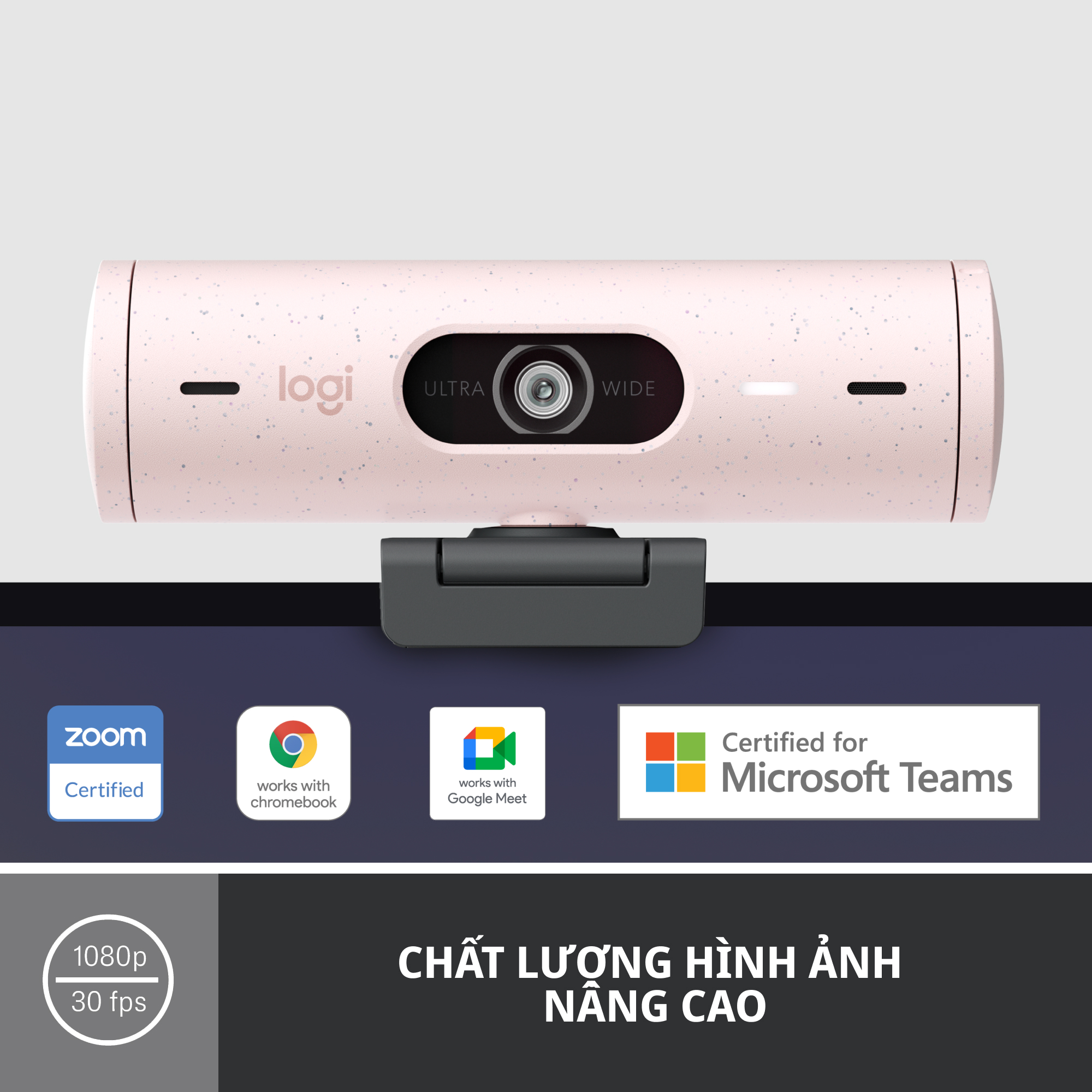 Webcam Logitech Full HD Brio 500 - Tự động điều chỉnh ánh sáng, Tự động lấy khung hình,Show mode, Mic kép giảm ồn, nắp che bảo mật, Hoạt động với Microsoft Teams, Google Meet, Zoom - Hàng chính hãng