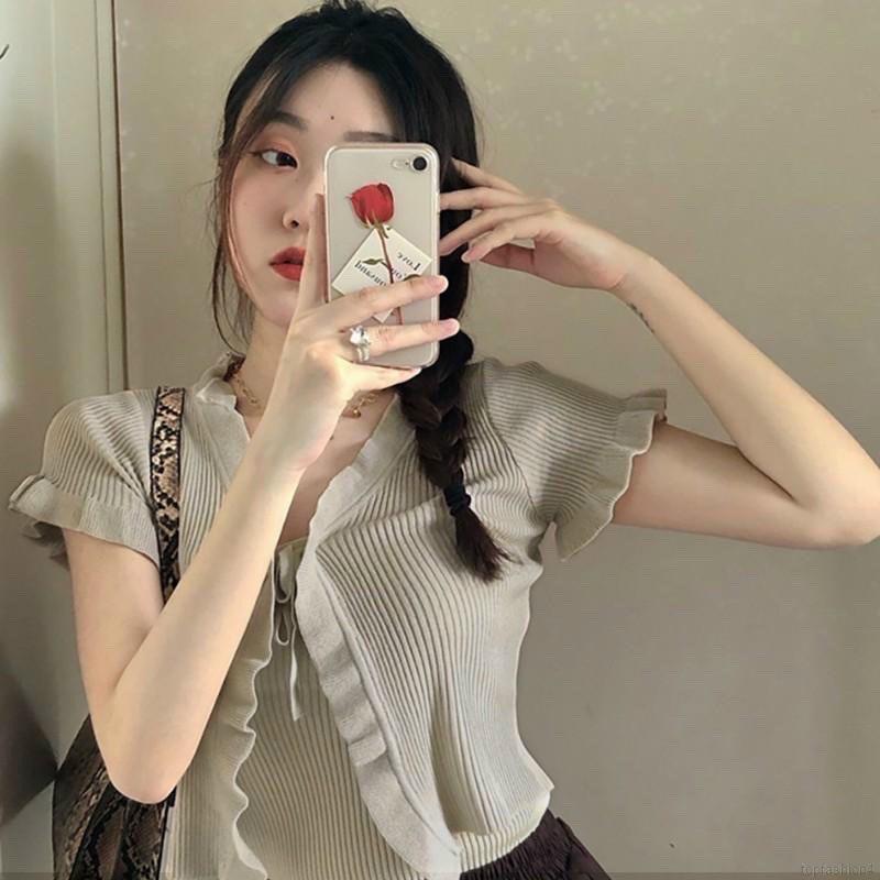 ÁO NỮ CROPTOP THUN GÂN PHỐI BÈO CỘT DÂY