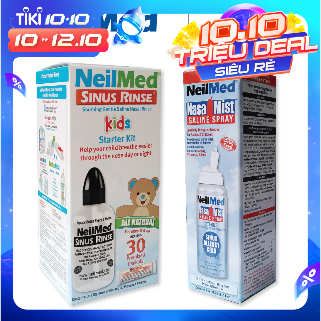 Combo Baby 24h Care: Bình Xịt Rửa Vệ Sinh Mũi Xoang NeilMed Sinus Rinse &amp; Spray Kids -SX Mỹ, hỗ trợ điều trị Sổ Mũi, Nghẹt Mũi và Viêm Mũi Cho Bé (Bình 30 gói muối rửa; 1 chai xịt phun sương 75ml)