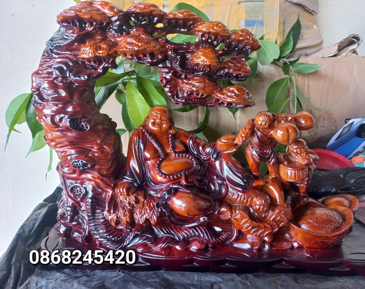 TƯỢNG PHẬT DI LẶC TAM PHÚC GỖ HƯƠNG ĐÁ SƠN PU GIẢ CỔ KT 45×30×15CM