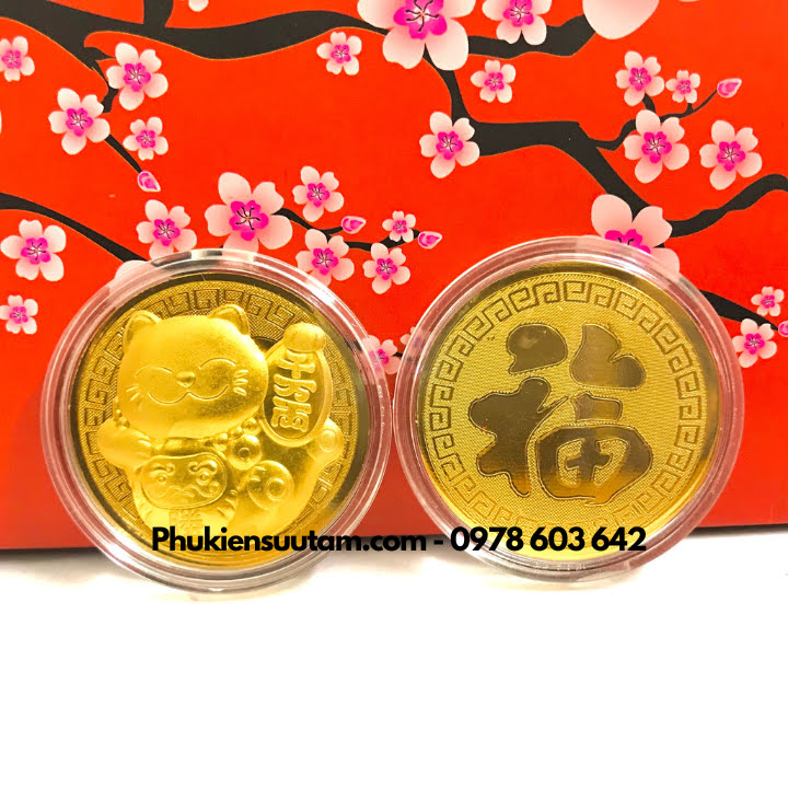 Combo 30 Đồng Xu Hình Con Mèo Thần Tài CUTE Tặng Túi Gấm Lộc, đường kính: 4cm, màu vàng - SP005932