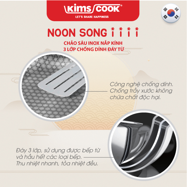 Chảo sâu KIMS COOK Noon Song inox 3 lớp đáy từ nắp kính chống dính 2 mặt