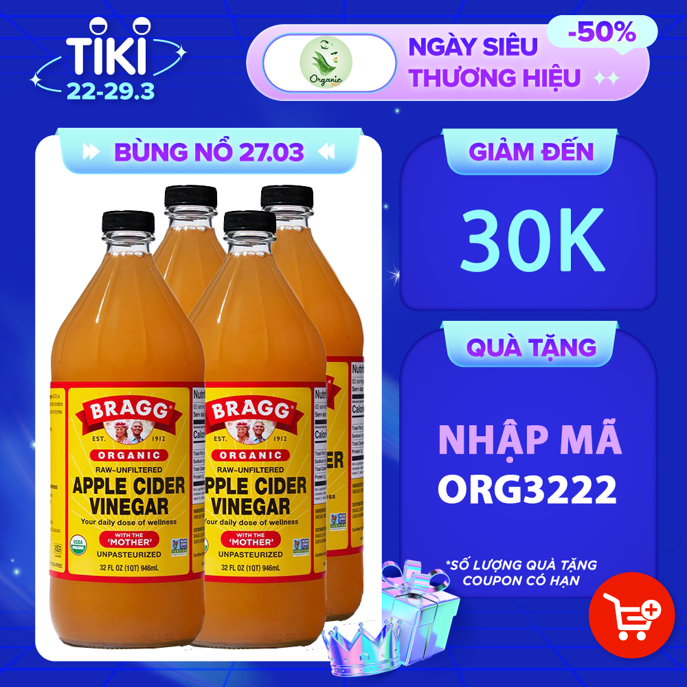 Giấm táo hữu cơ Organic Bragg 946ml Organic Apple Cider Vinegar 946ml (combo 4 chai)