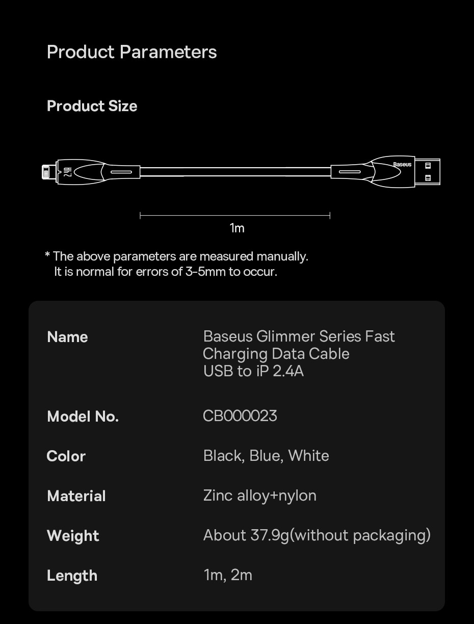 Cáp sạc nhanh 2.4A cho ai-phôn, Cáp sạc Baseus Glimmer Series Fast Charging Data USB-A to Lai-ning 2.4A đèn LED, đẹp sang trọng - Hàng chính hãng