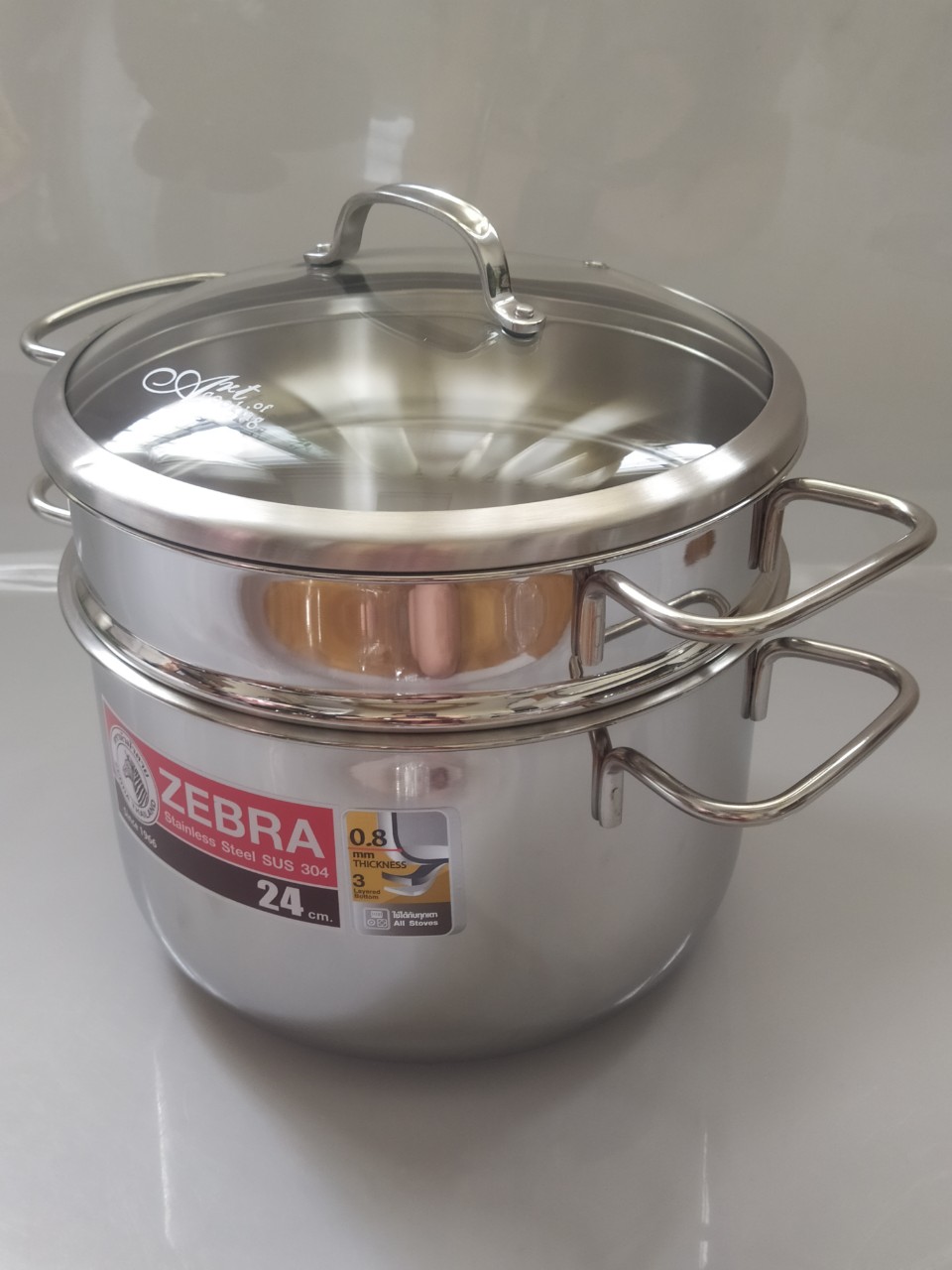 Bộ Nồi Xửng 3 Đáy Inox Zebra Thái Lan Nắp Kính  24cm 6.2L - 163640