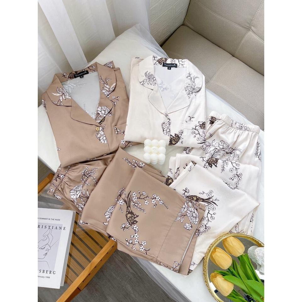 Bộ mặc nhà pyjama lụa cao cấp Tea Store tay ngắn quần dài họa tiết chim sẻ hai màu sang trọng