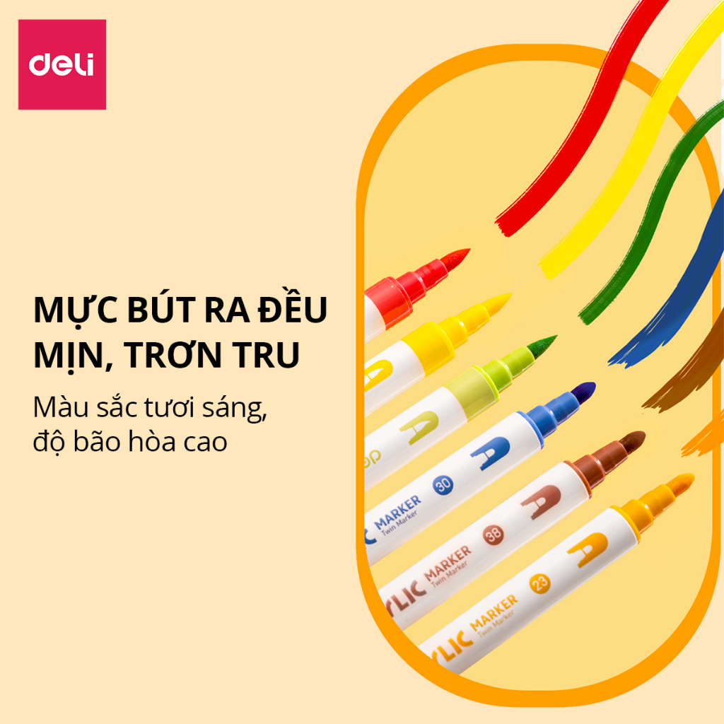 Bút Sơn Acrylic Marker 2 Đầu Cao Cấp Deli - Kèm Hộp Nhựa - 12/24/36/48 Màu Đậm, Đều - Tô Màu Đi Nét DIY Vẽ Giày Quần Áo