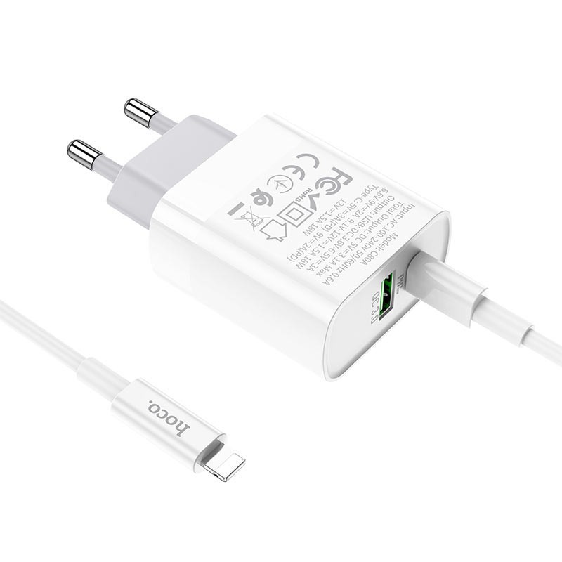 Bộ sạc PD20W Hoco C80A cổng Usb và Type-C kèm dây sạc Type-C to iPhone - Hàng chính hãng
