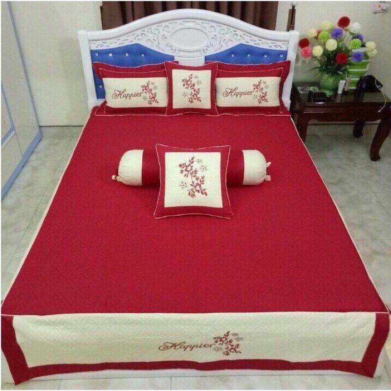 Combo 1 ga phủ + 2 vỏ gối nằm +1 vỏ gối ôm cotton satin có riềm phủ