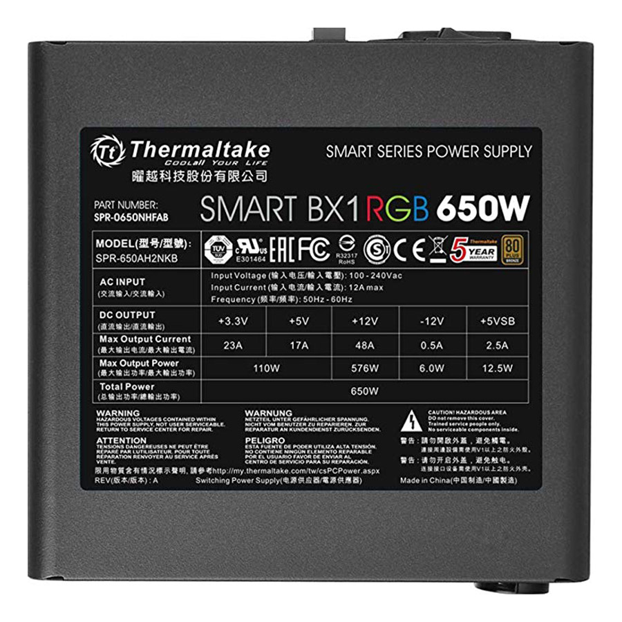Nguồn Máy Tính PSU Thermaltake Smart BX1 RGB 650W 80 Plus Bronze PS-SPR-0650NHSABX-1 120mm - Hàng Chính Hãng