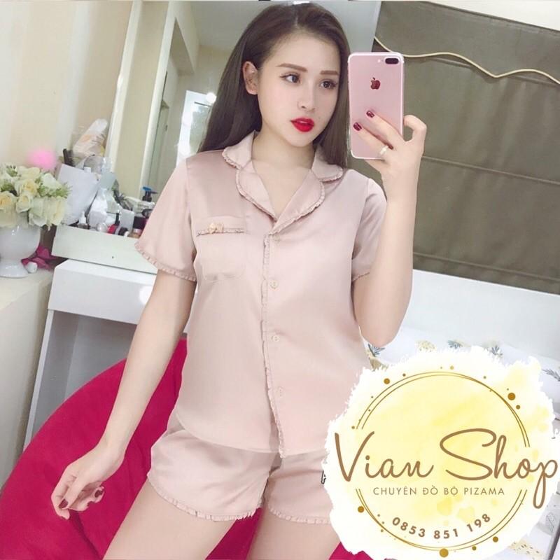 Bộ đồ pijama, Bộ lụa cộc đùi viền bèo chất liệu satin mát lịm