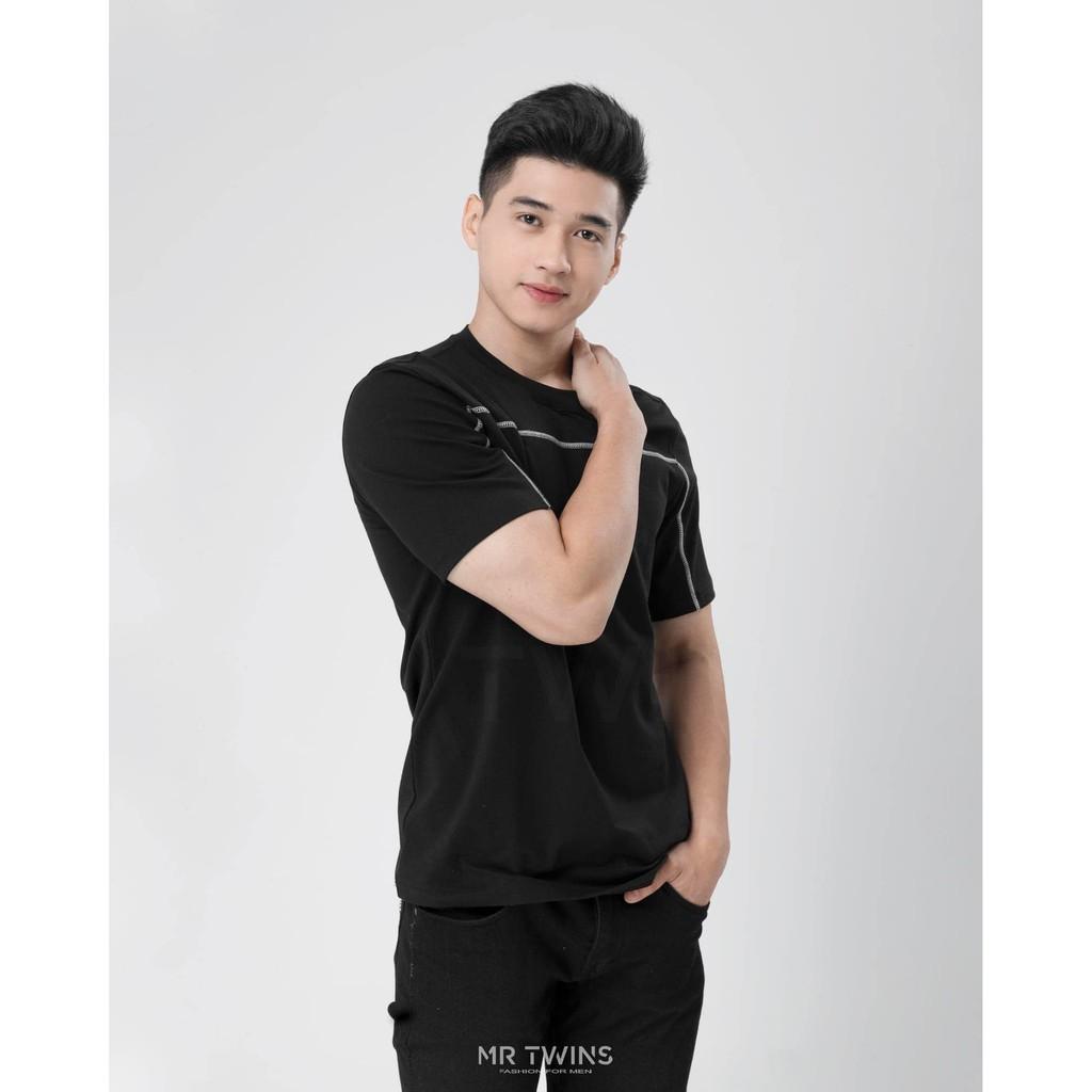Áo thun cổ tròn đen viền kansai 100% cotton thương hiệu MrTwins