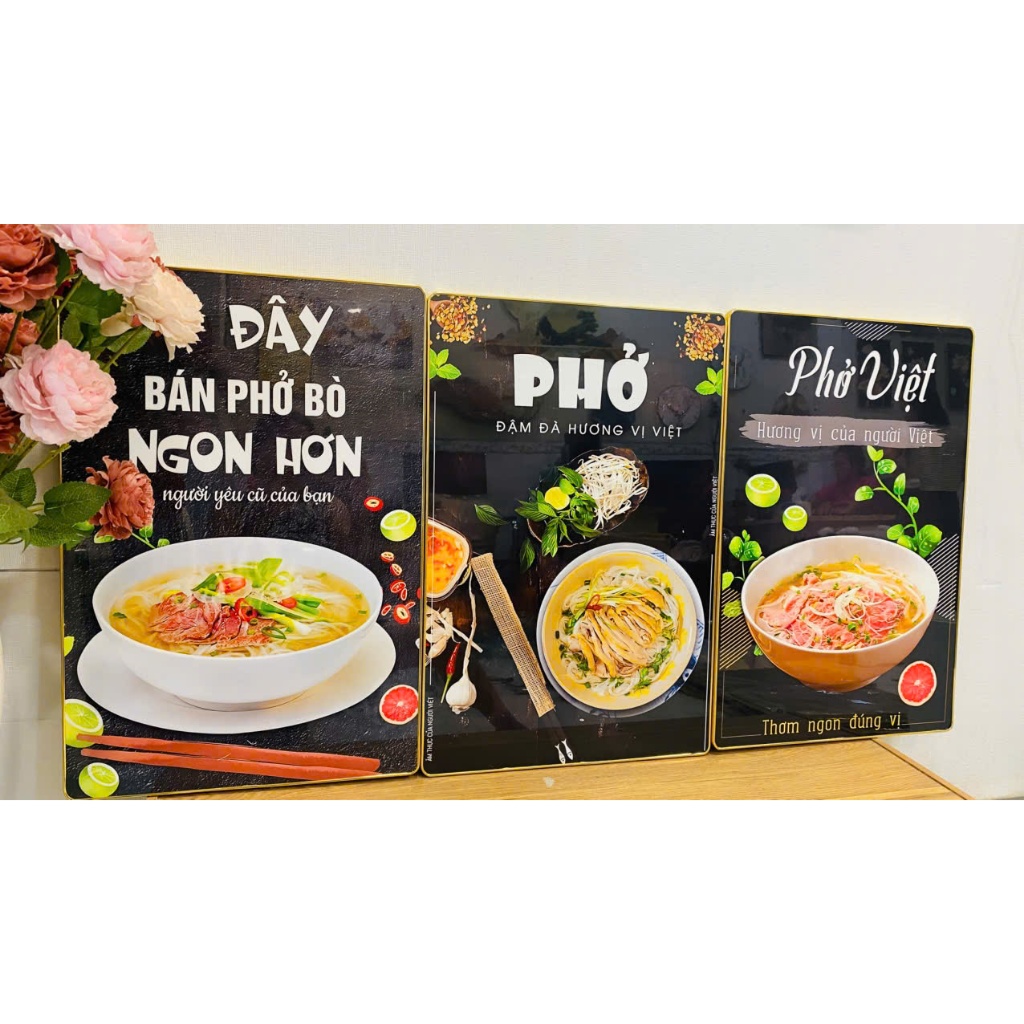 (ẢNH CHỤP THẬT)Tranh treo tường tráng gương trang trí quán phở bò kèm đinh treo