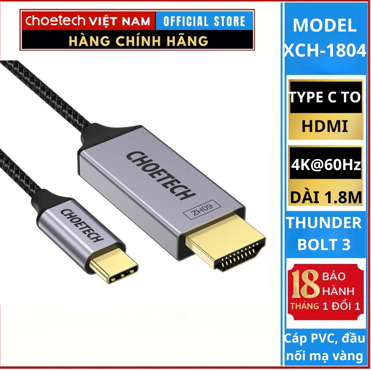 Cáp chuyển Choetech XCH-1804 Type C sang HDMI 4K@60Hz dài 1.8M (Hàng chính hãng)