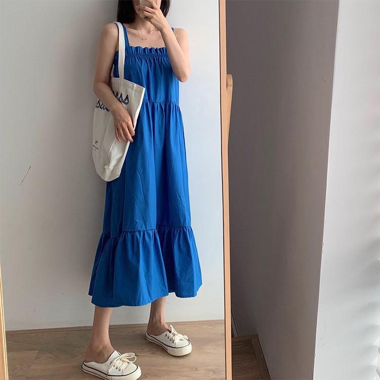 ĐẦM MAXI XÒE 2 DÂY CỔ VUÔNG BO CHUN PHỐI BÈO-hình trải sàn